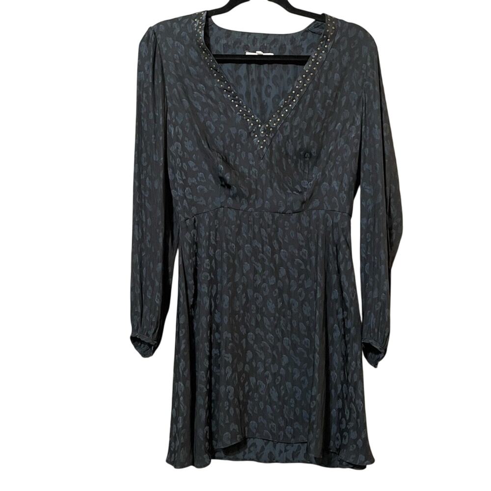 Avec Les Filles Blue Animal Print V Neck Studded Long Sleeve Dress Womens M Fall